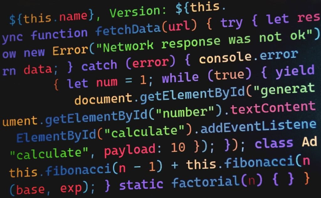 Colorful modern JavaScript ES6+ code displayed on a developer screen