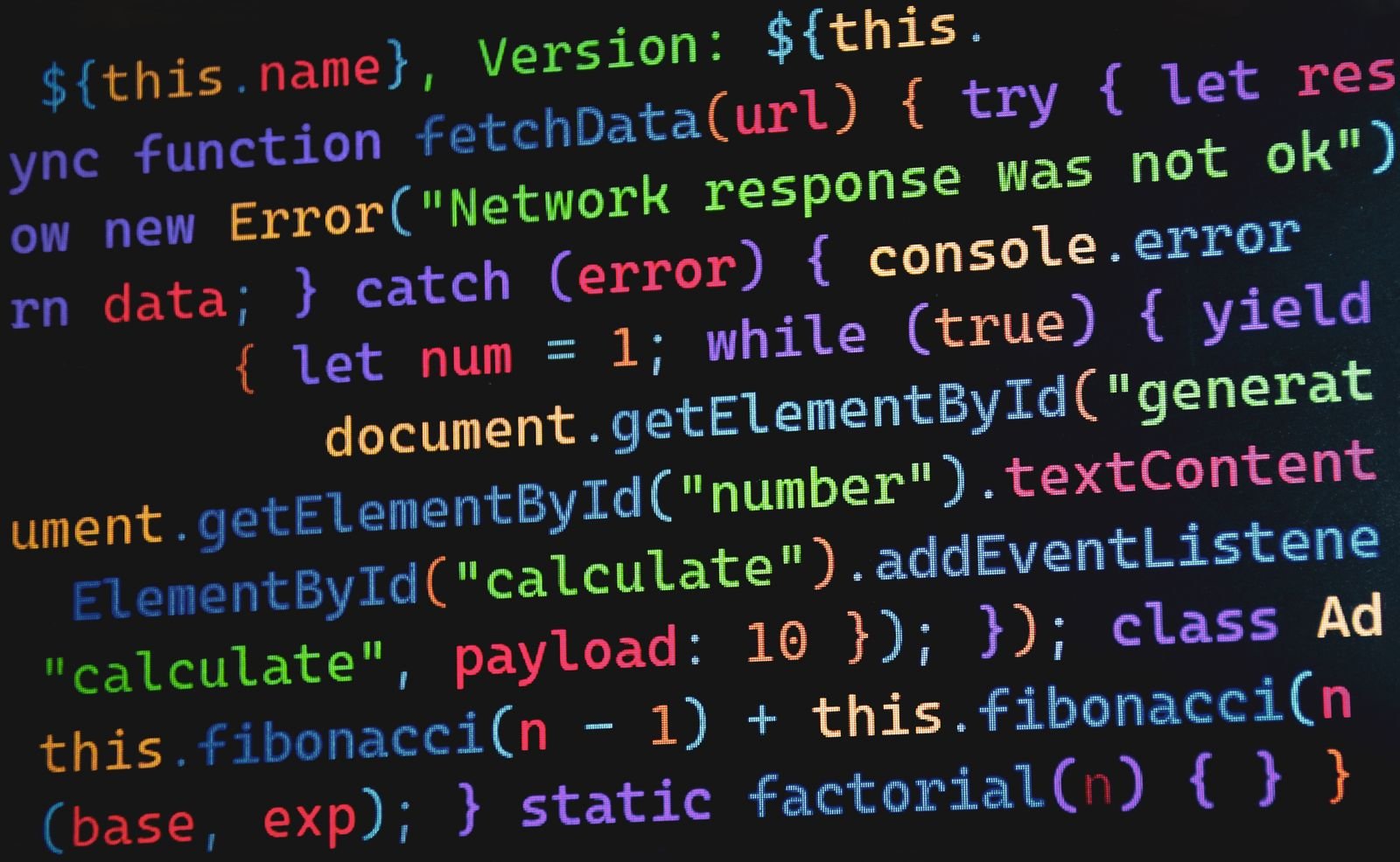 Colorful modern JavaScript ES6+ code displayed on a developer screen