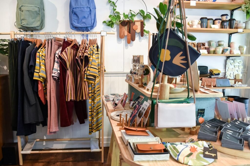 Rack of local retail products representing Google Business Profile products and Merchant Center listings