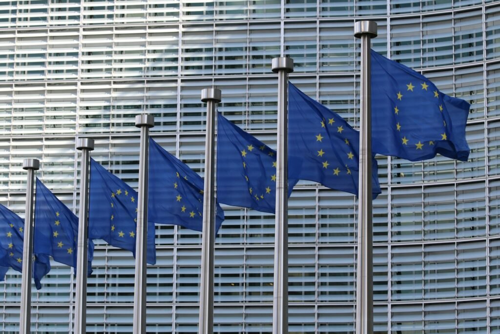 Row of European Union flags representing the EU's DMA fine against Google