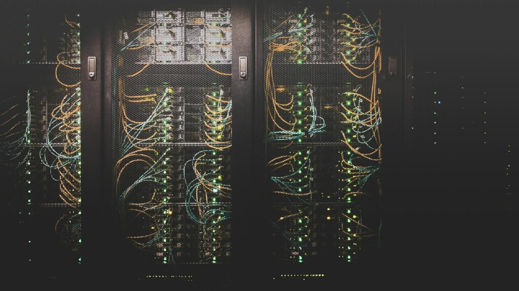 Server room network cables, representing connecting Next.js to a database