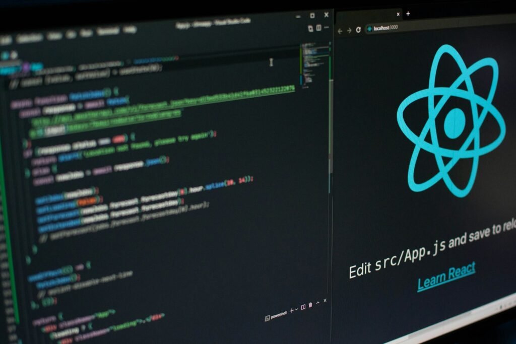 Dark-themed code editor screen showing JavaScript code, representing React state management tools in 2026