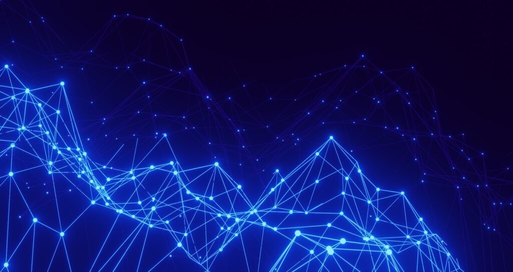 Abstract blue background with connected lines and dots representing structured data