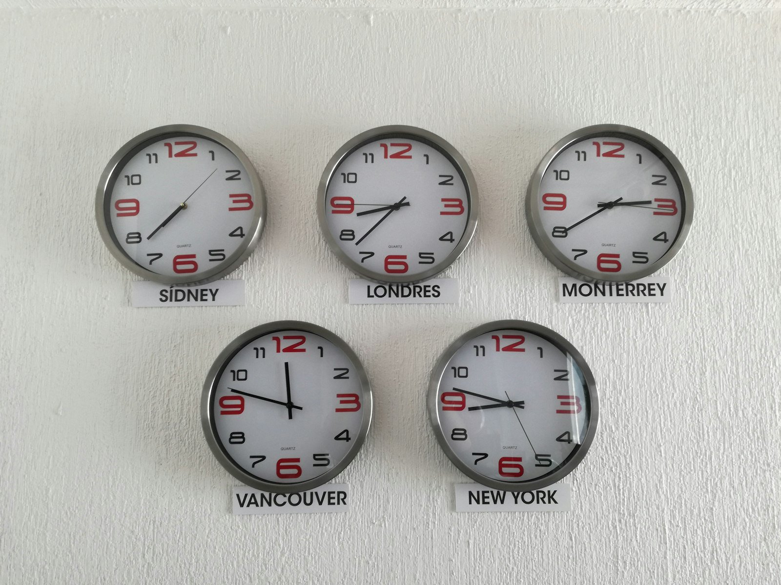 Assorted wall clocks showing different country time zones