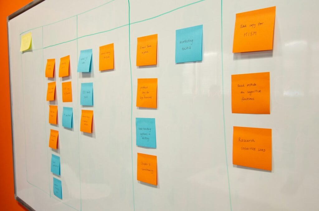 Whiteboard with sticky notes organized in columns, representing content and answer engine optimization strategy planning