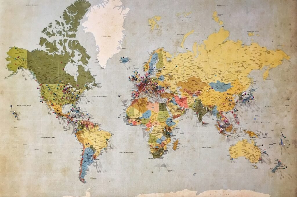 World map with pinned locations across continents, representing a dual-market SEO strategy for a US and Nigeria blog audience