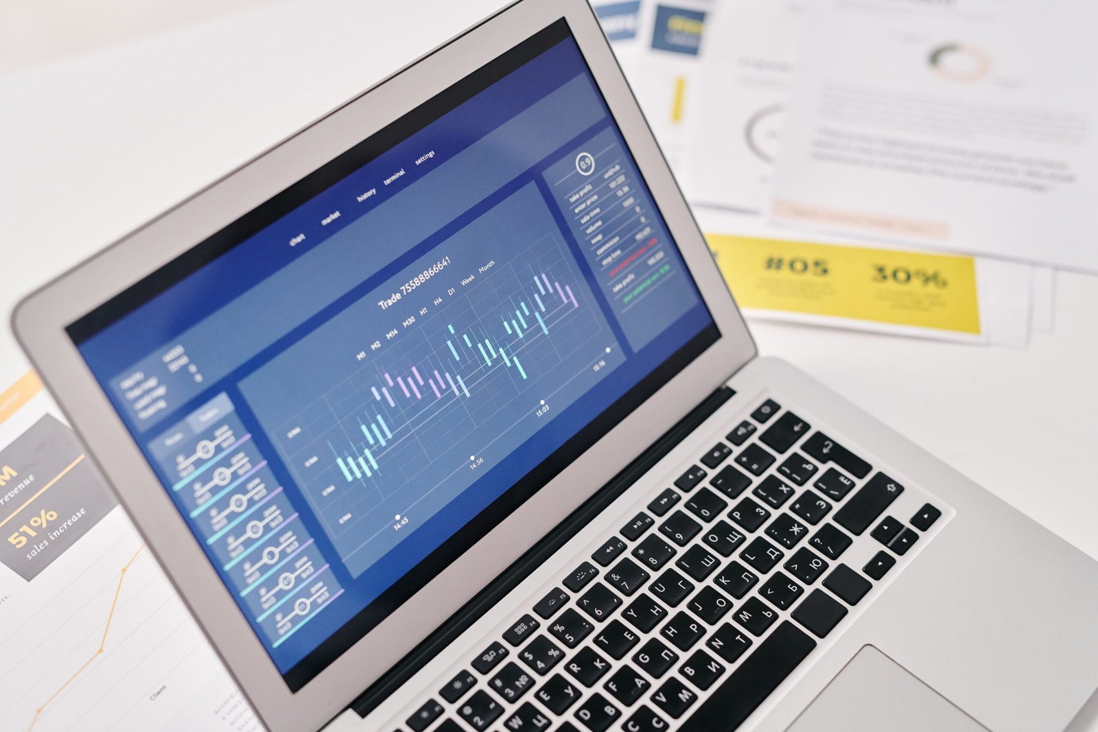 Laptop and documents showing financial and traffic growth reports used to track audience data