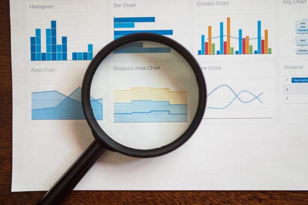 Magnifying glass held over printed charts and graphs, representing investigating why a page gets impressions but no clicks